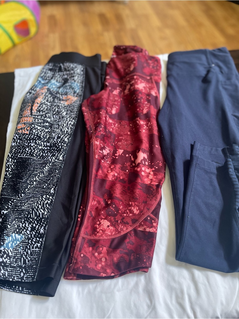 3 Athletic Leggings Bundle - Black Patterned, Red Print, Navy